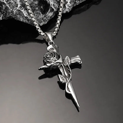 Vintage Rose Cross Pendant Necklace – Gothic Punk