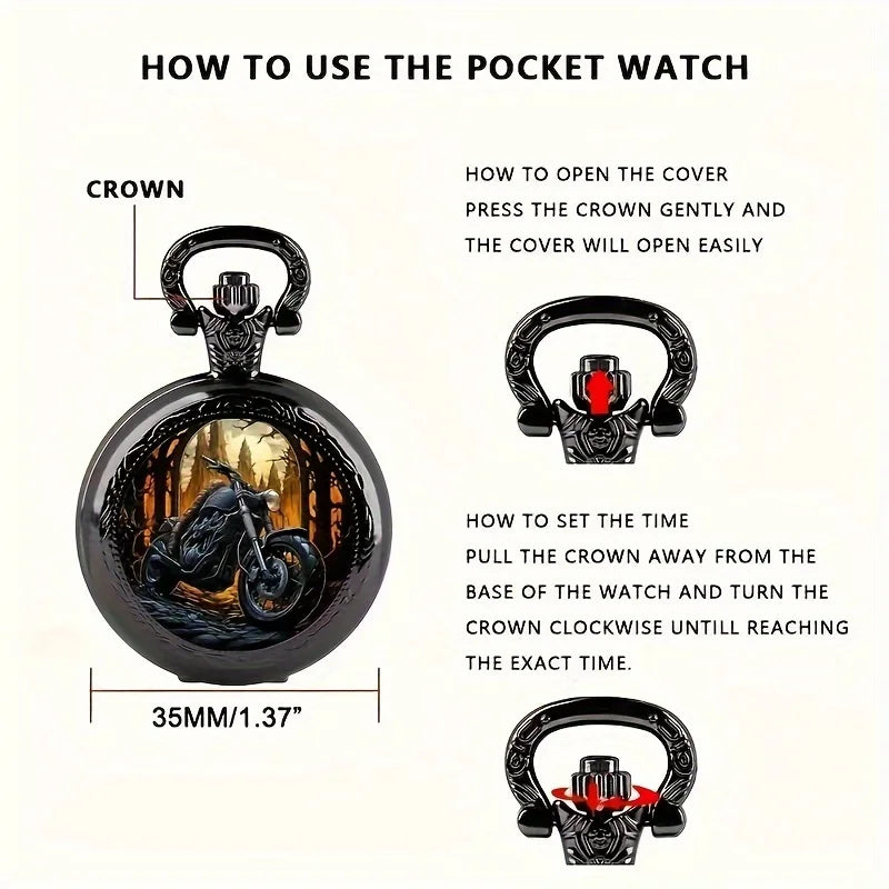 Vintage Black Motorcycle Quartz Pocket Watch Necklace