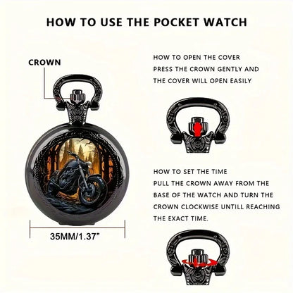 Vintage Black Motorcycle Quartz Pocket Watch Necklace