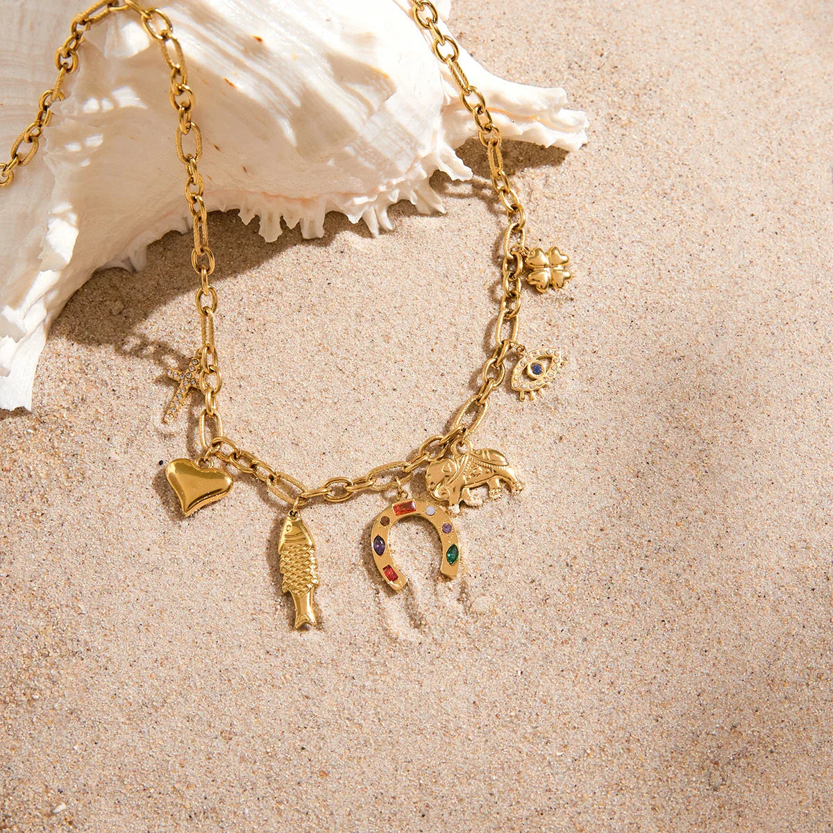 Colorful Rhinestone Horseshoe & Heart Pendant Necklace