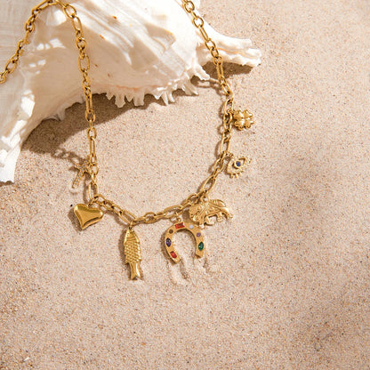 Colorful Rhinestone Horseshoe & Heart Pendant Necklace