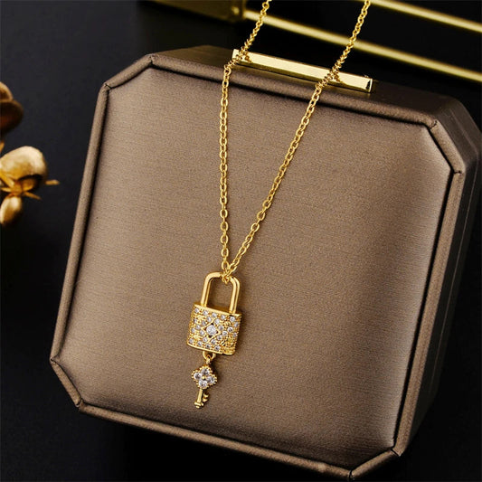 Zircon Crystal Lock Pendant Necklace – Luxury Party Jewelry