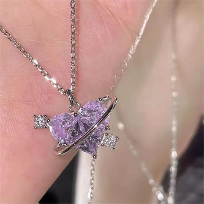 Y2K Pink Planet Heart Zircon Necklace