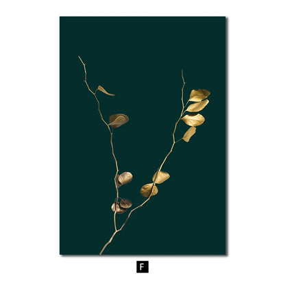 Modern Golden Green Plant Leaves Abstract Art Canvas