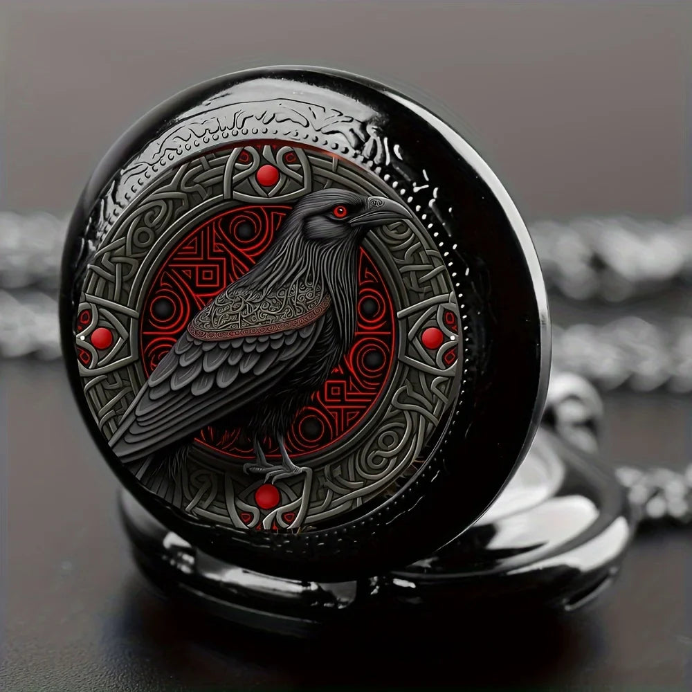 Gothic Black Raven Pocket Watch Necklace