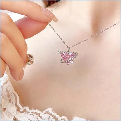 Y2K Pink Planet Heart Zircon Necklace