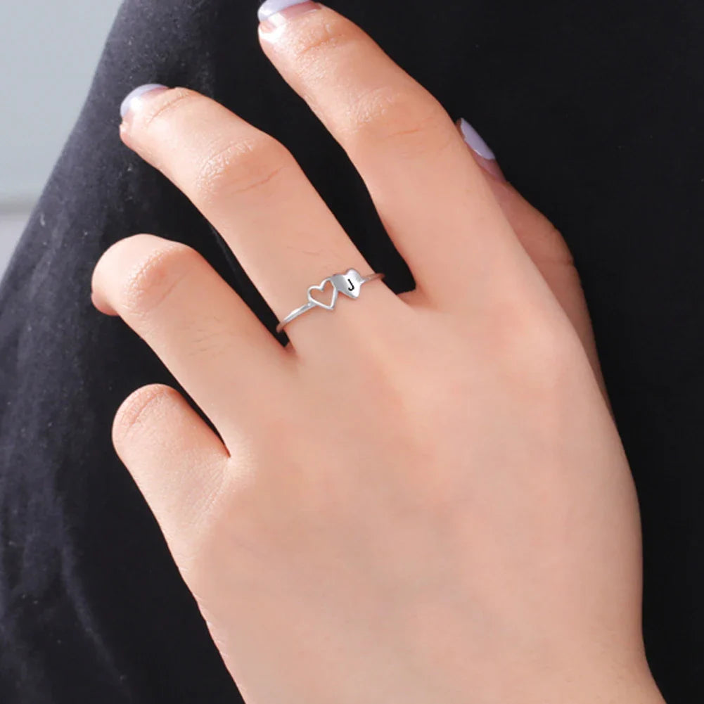 A–Z Double Heart Initial Ring – Stainless Steel