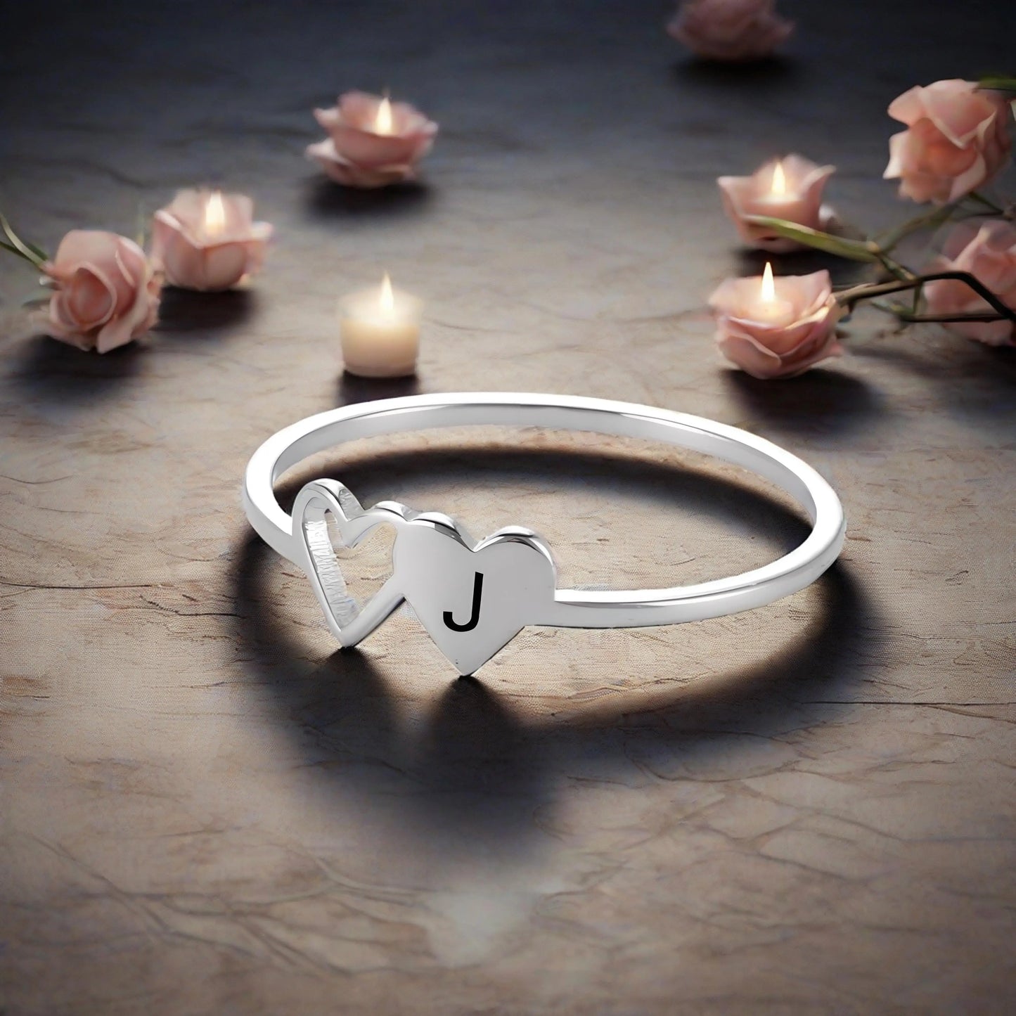 A–Z Double Heart Initial Ring – Stainless Steel