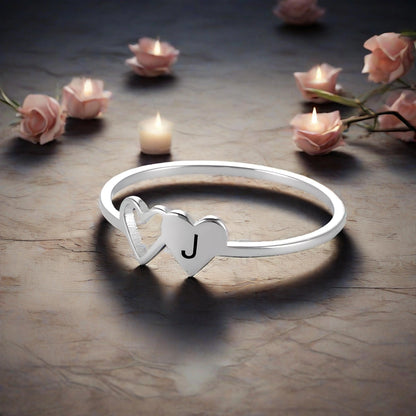 A–Z Double Heart Initial Ring – Stainless Steel
