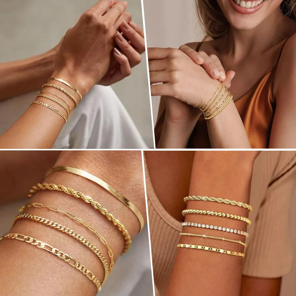 Stainless Steel Stackable Herringbone Bracelet – Gold Plated