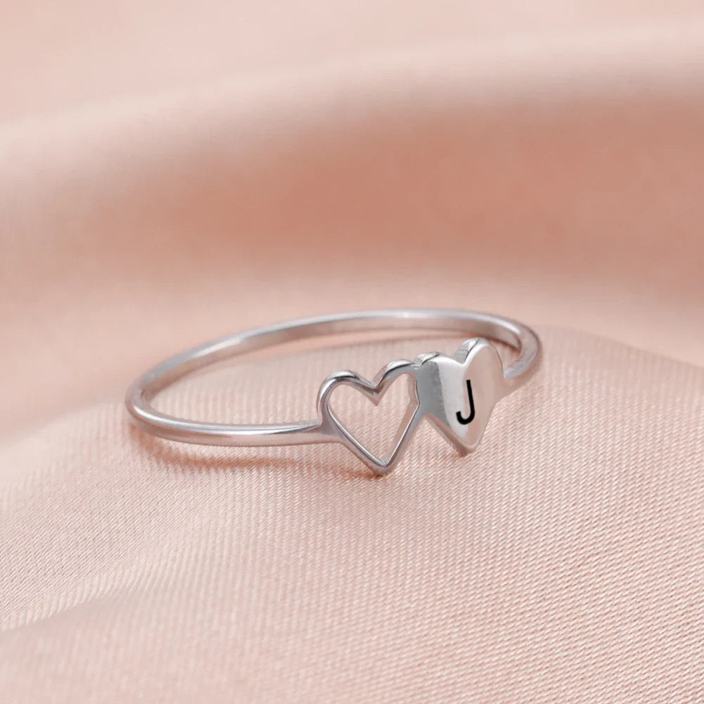 A–Z Double Heart Initial Ring – Stainless Steel