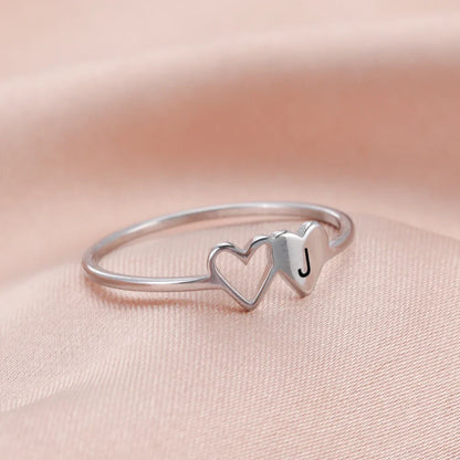 A–Z Double Heart Initial Ring – Stainless Steel