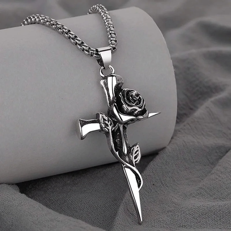 Vintage Rose Cross Pendant Necklace – Gothic Punk