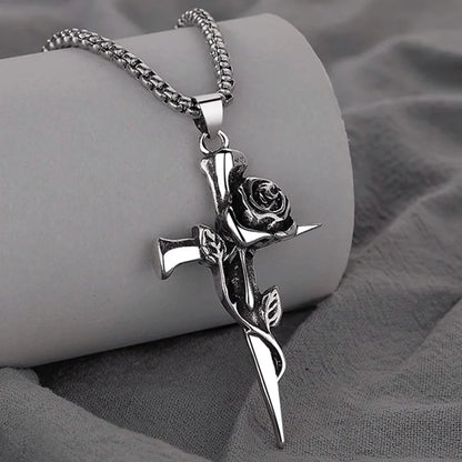 Vintage Rose Cross Pendant Necklace – Gothic Punk