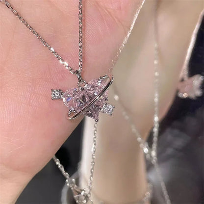 Y2K Pink Planet Heart Zircon Necklace