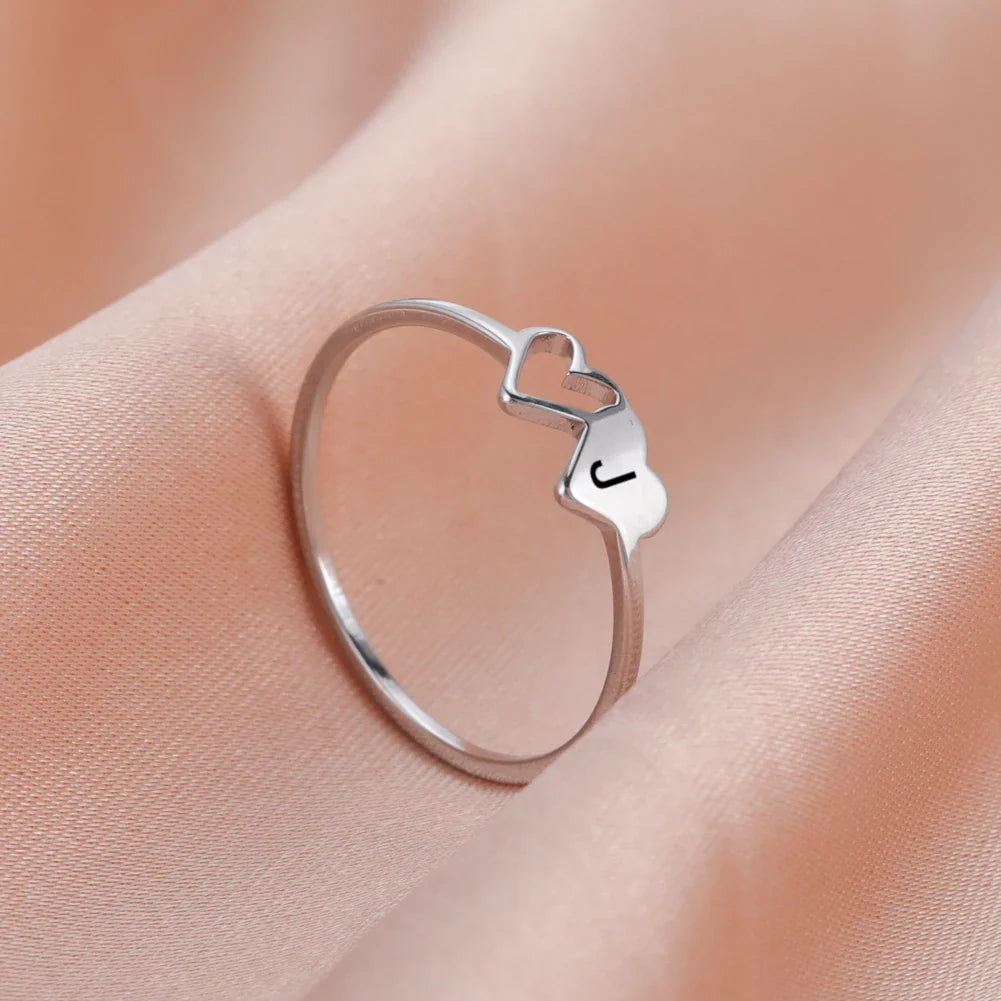 A–Z Double Heart Initial Ring – Stainless Steel