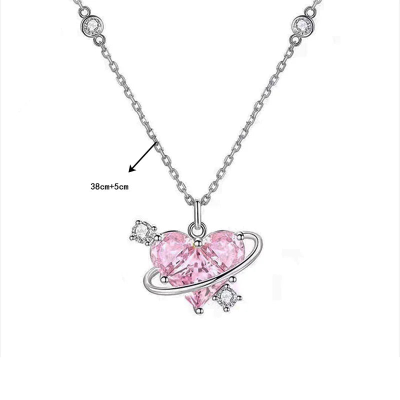 Y2K Pink Planet Heart Zircon Necklace