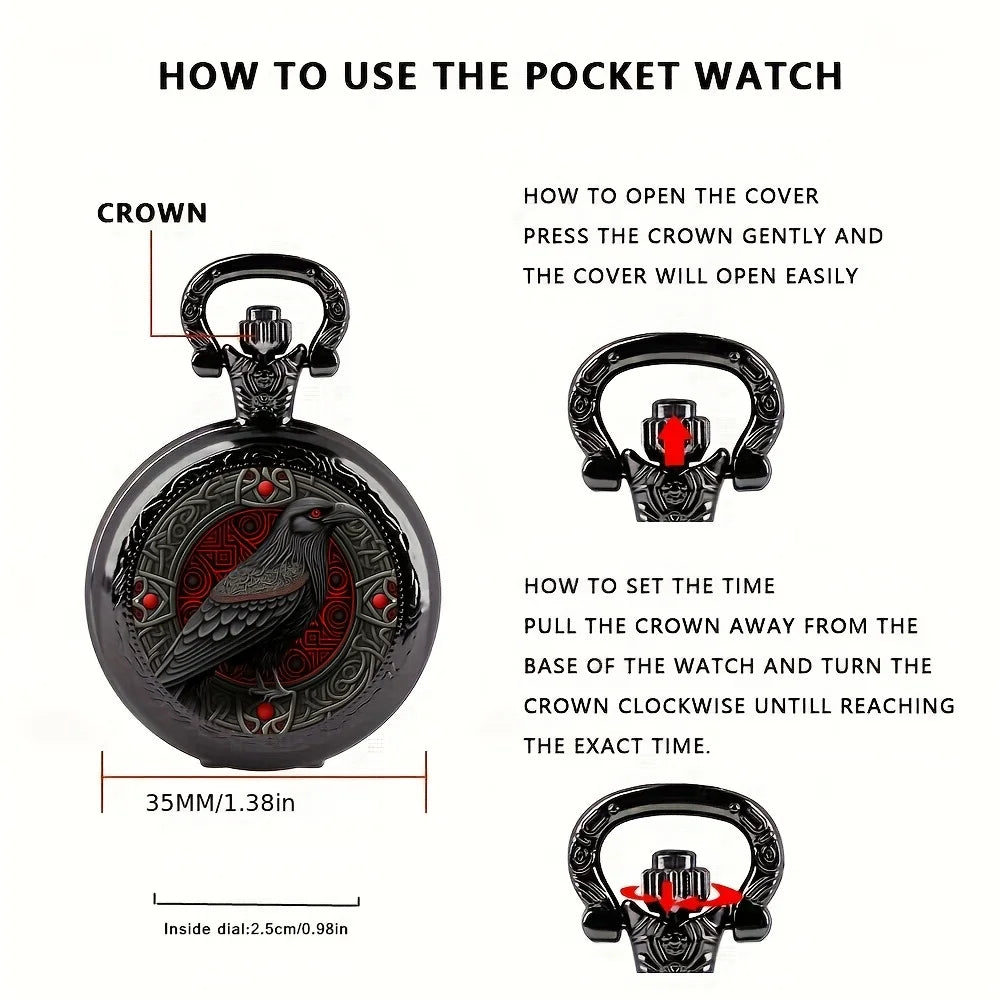 Gothic Black Raven Pocket Watch Necklace