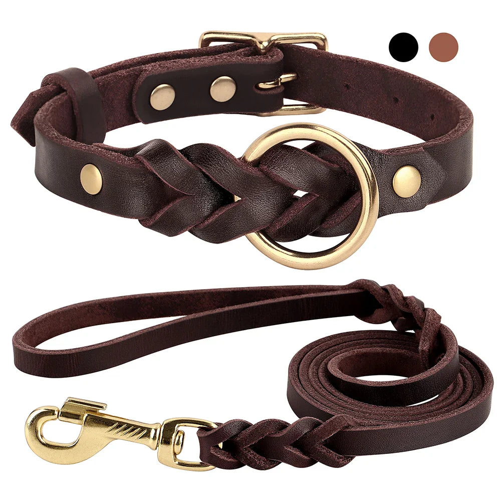 Dog Genuine Leather  Collar Leash Set