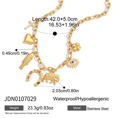 Colorful Rhinestone Horseshoe & Heart Pendant Necklace