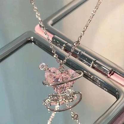Y2K Pink Planet Heart Zircon Necklace