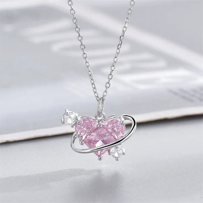Y2K Pink Planet Heart Zircon Necklace