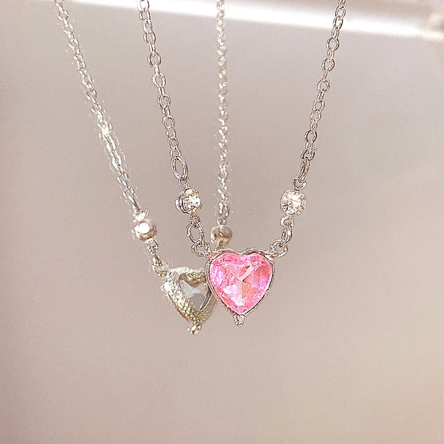 Y2K Pink Planet Heart Zircon Necklace