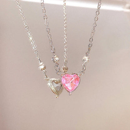Y2K Pink Planet Heart Zircon Necklace
